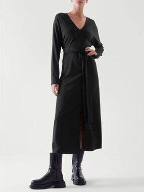 COS Black NWT V-Neck Long Sleeve Knit Midi Dress with Waist Tie Size Small